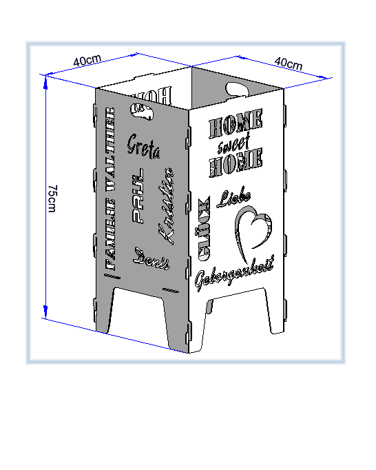 Feuertonne „Home sweet Home“ mit individuellem Namenmotiv