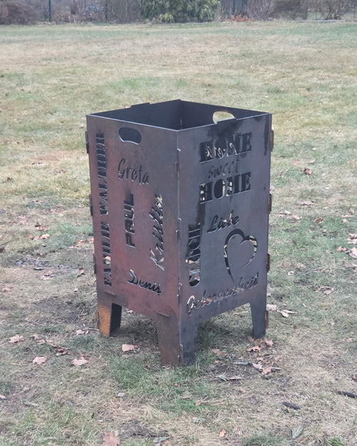 Feuertonne „Home sweet Home“ mit individuellem Namenmotiv