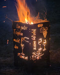 Wein & Wohl – Feuertonne aus Cortenstahl | Plasmacut-Unikat mit goldenem Lichtspiel 🍇🍷🔥